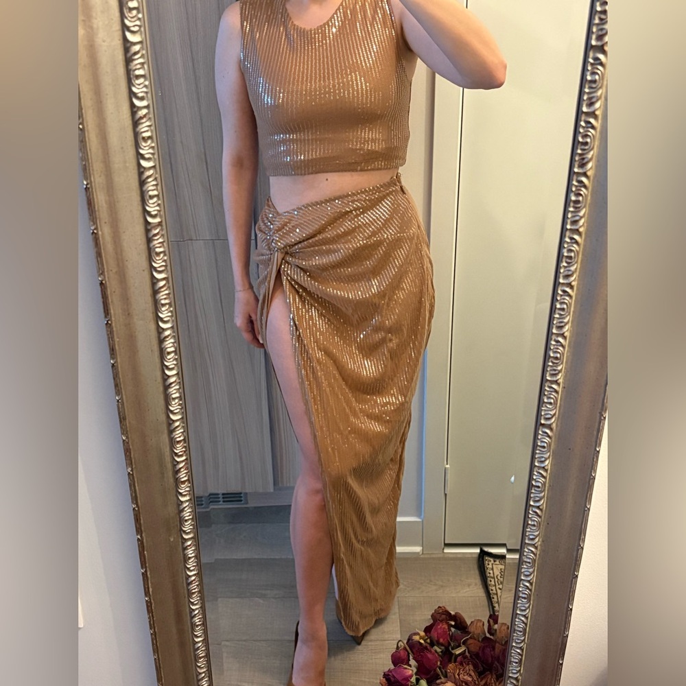 JLUXLABEL Sequin Gold/bronze Maxi Skirt and crop top set